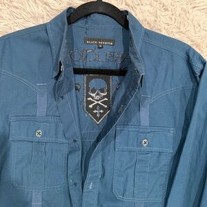 Affliction Men's Button Down Shirt Power of Blue Embroidered Biker